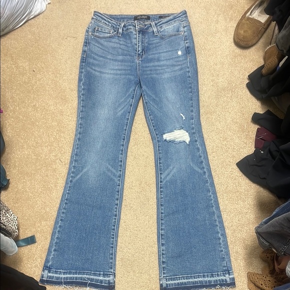 Judy Blue Flare Jeans in Classic Blue with Distressed Details - Picture 1 of 3